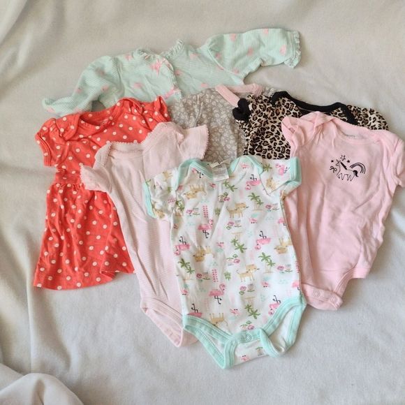 Carters Baby Girl 3M 6M Lot of 7 Body Suits Pajamas Pink Green Dress - Picture 7 of 7